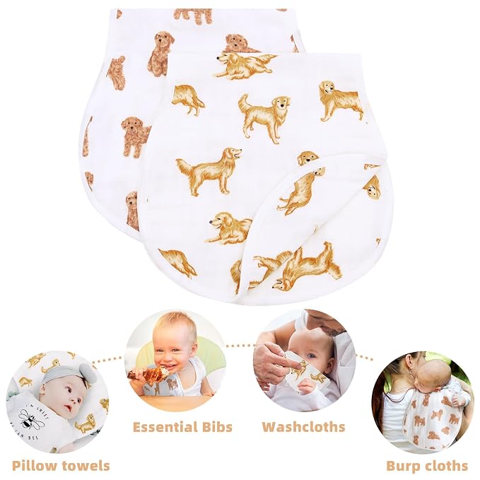 LifeTree Muslin Baby Burp Cloths - 2 Pack 70% Viscose from Bamboo and 30% Cotton Large 22'' by 10.6'' Absorbent Milk Spit Up Rags - Burping Cloths for Newborn, Girls Boys, GoldenRetriever & PoodleDog