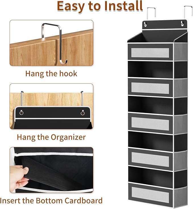 Over The Door Organizer with 5 Large Pockets, Over the Door Storage 10 Side Pockets 44 lb Load Behind Door Storage, Door Organizer Hanging Shelf for Closet Wall Bedroom Bathroom Nursery, 5-Tier Black