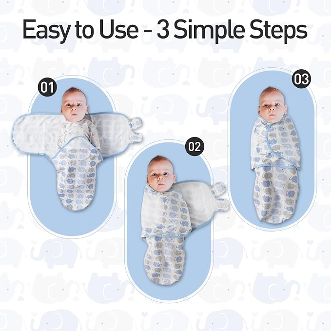 GLLQUEN BABY Swaddles for Newborns Organic Cotton, Soft Baby Boy Swaddles 3-6 Months, Reduce Startle Reflex Womb-Like Sleep Sack Wrap Nursery Swaddling Blankets Blue Elephants