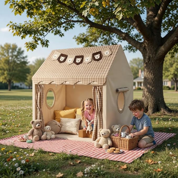 Kids Play Tent Indoor Outdoor Playhouse with Star Lights, Bunting Flags, Washable, Portable Carry Bag, Lattice Top, 47.2" x 39.3" x 52.2", Birthday Gift for Boys Girls