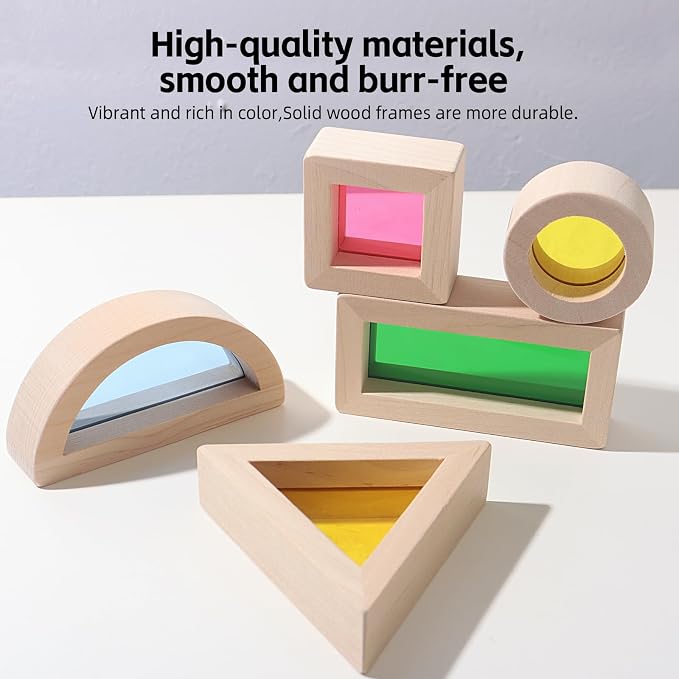 Dinhon 24-Piece Acrylic Montessori Blocks for Toddlers 18+ Months -Rainbow Stacking Toy, Non-Toxic Wooden Framed Geometric Blocks for Early STEM Learning & Sensory Play, Ideal Gift for Boys/Girls