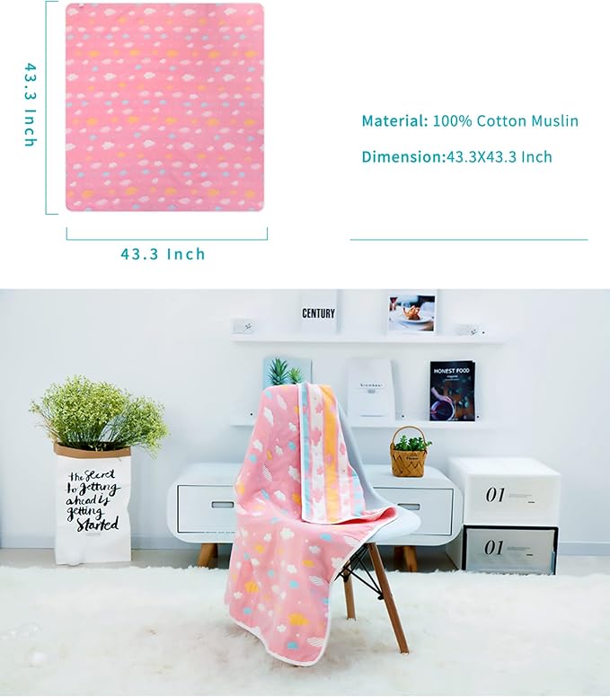 TONWHAR Muslin Baby Blankets,6-Layer Cotton Gauze, Soft and Breathable Baby Quilt,Kids Summer Blanket,Baby Bath Towel (Cloud)