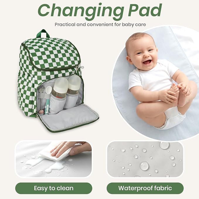 FHELAD Checkered Diaper Bag Backpack with Changing Pad & Stroller Clips, Large Travel Baby Diaper Bag for Newborn Moms, Baby Shower Gifts (Dark Green)