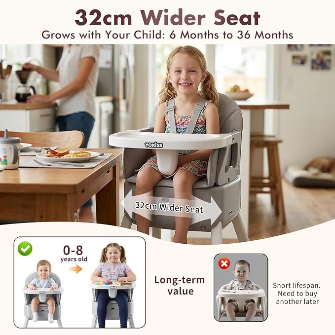 7 in 1 Convertible Baby HighChair for Babies and Toddlers,Adjustable Legs & Tray, Safe, Skin-Friendly Seat Cushion, Non-Slip & Stable, Supports up to 15kg Grey