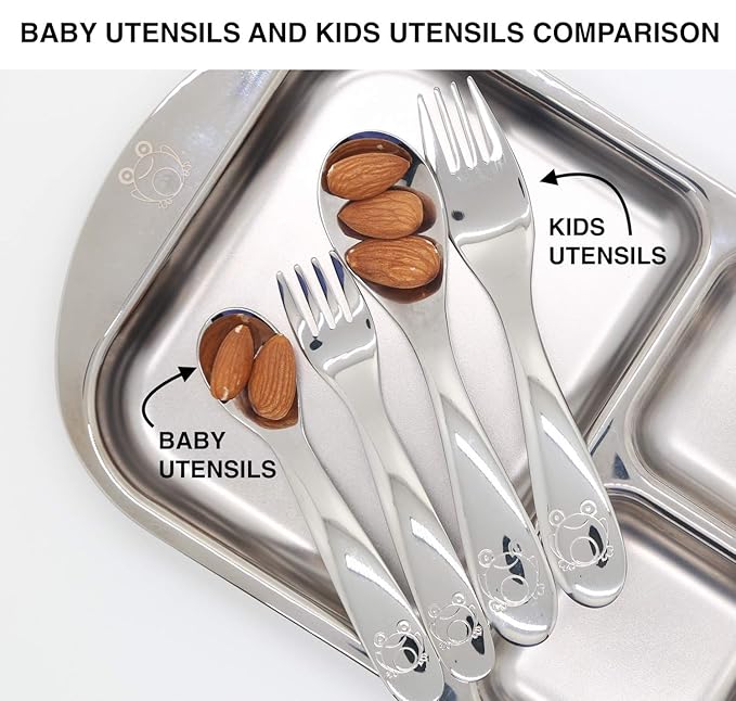 Baby Utensil Set ??5-Piece Stainless Steel (304) Spoons, Forks & Food Pusher | BPA-Free, Lead-Free | Baby-Led Weaning, Self-Feeding | CPSIA & EN 14372 Compliant | Education Model