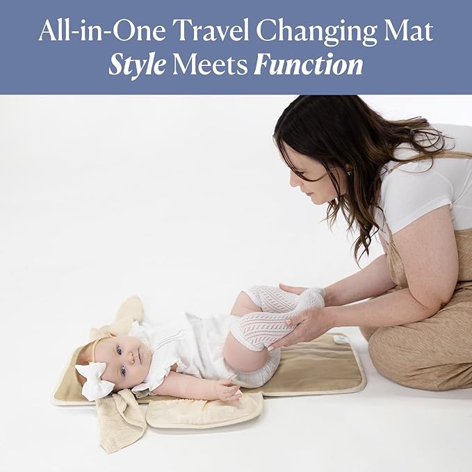Toddlekind Mini Maven Portable Changing Pad ??Organic Cotton & Water-Resistant Polyester ??Travel-Friendly, Foldable Change Mat ??Tofu Beige Stripes with Wave Stitching ??Chic, Durable, Easy to Clean