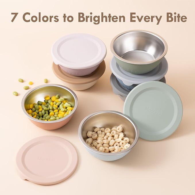 Moonkie Baby Suction Bowls for Self-Feeding: 3 Strong Suction Bases Prevent Spills - Seamless One-Piece Design for Easy Cleanup - Stainless Steel & Silicone Toddler Bowls with Lids - 13 oz 4 Pack
