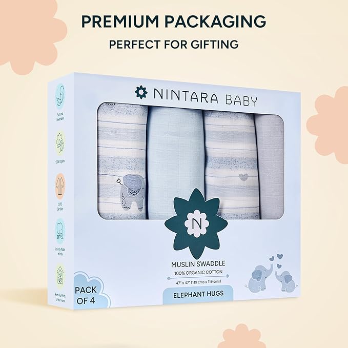 Muslin Swaddle Blankets for Newborns, 4 Pack Multipurpose 100% Organic Cotton, Ultra Soft Breathable Receiving Blanket 47 x 47 inches, Swaddle Wrap for Baby Boys & Girls