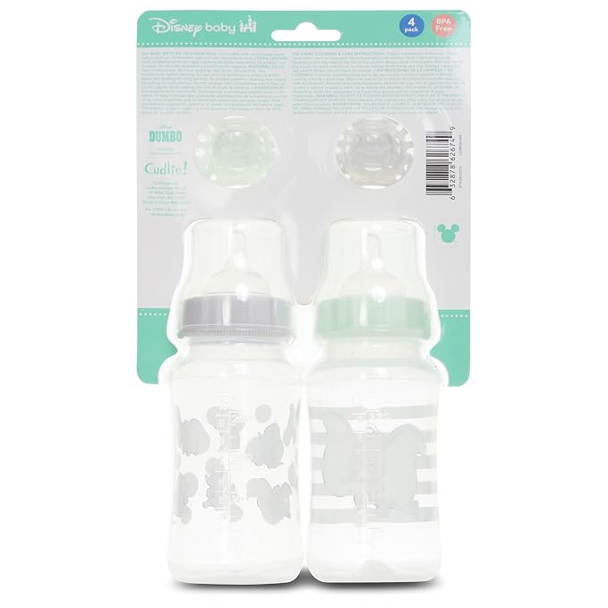 Disney Baby Bottles and Pacifiers Set – 2 Hourglass-Shaped 11oz Bottles + 2 Orthodontic Pacifiers – Officially Licensed Mickey, Minnie, Pooh & Dumbo Designs – BPA-Free Feeding Gift Set