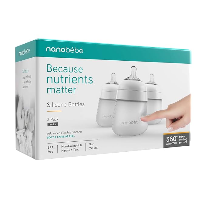 Nanobebe Flexy Silicone Baby Bottle, Anti-Colic, Natural Feel, Non-Collapsing Nipple, Non-Tip Stable Base, Easy to Clean, 3-Pack, White, 9oz