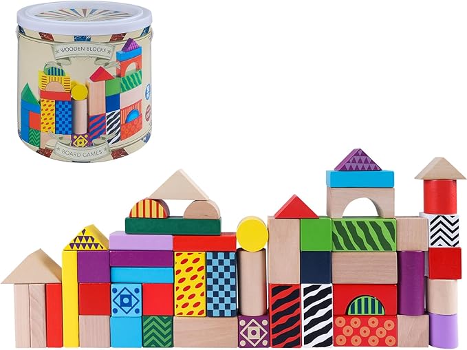 Offelec 50 Pcs Wooden Building Blocks Set with Storage Bucket, Montessori Stacking Blocks & Shape Sorting Toys for Toddlers, Preschool Learning Toys for Boys & Girls, Kids Brightly Colored Blocks
