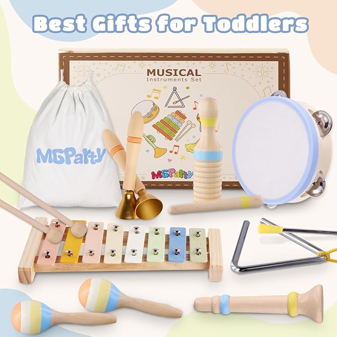 Baby Musical Instruments, Montessori Wooden Musical Toys for Toddlers 1??, Xylophone Tambourine Triangle Maracas, Wooden Baby Instruments, Kids Preschool Educational Toys, Birthday Gift for Boys Girls