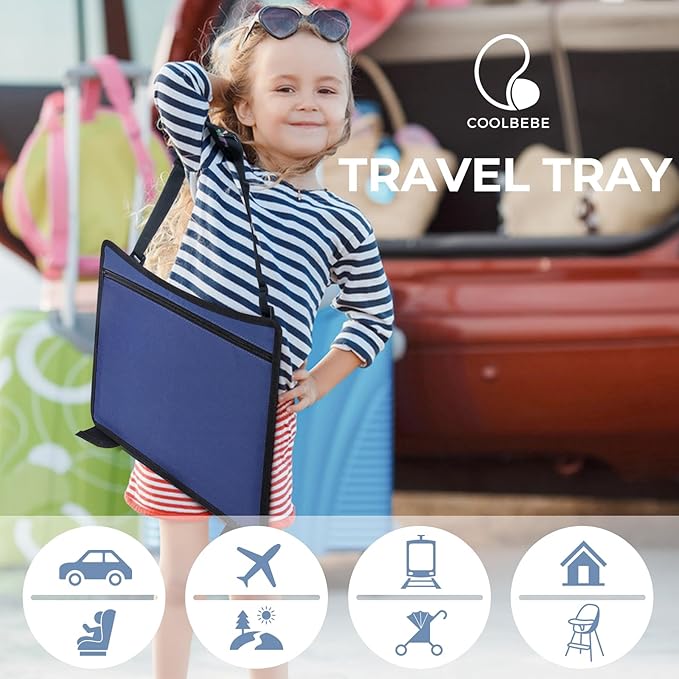 COOLBEBE Kids Travel Tray for Toddler Car Seat, Travel Tray for Airplane, Toddler Car Seat Lap Tray, Carseat Table Tray for Kids Travel Activities (Navy Blue)