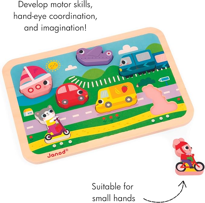 Janod - Vehicles Chunky Puzzle 7 Pieces - Motor Skills Development - Enhances Motor Skills - Promotes Imagination, Safe Quality Materials - French Design Excellence