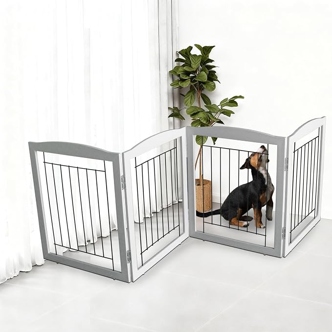 ZJSF Freestanding Foldable Dog Gate for House Extra Wide Wooden Grey Puppy Gate Stairs Dog Gates Doorways Tall Pet Gate 32" Height 4 Panels Pet Fence