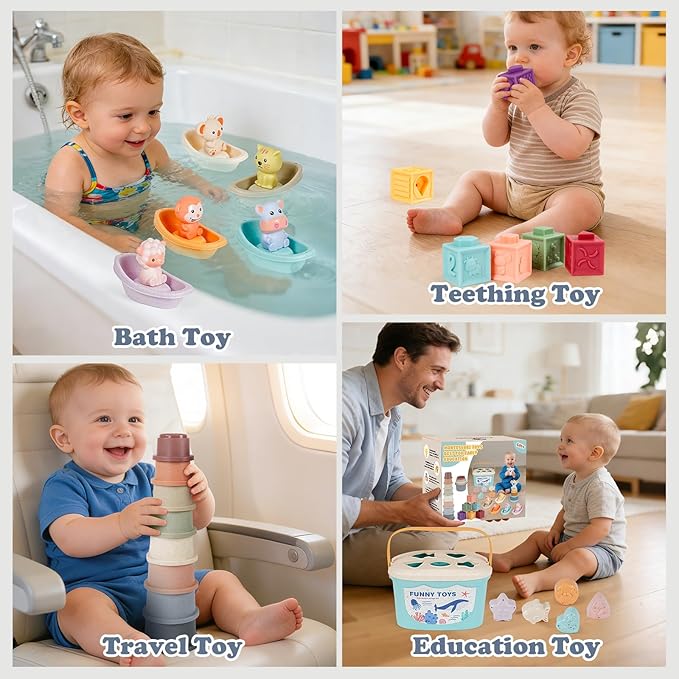 Montessori Baby Toys for Infants 6-18 Months, Shape Sorter for Toddler 6–12 Months, Sorting Stacking Toy for Fine Motor Skills, Sensory Learning Set with Stacking Rings for Babies Birthday Gift(Blue)