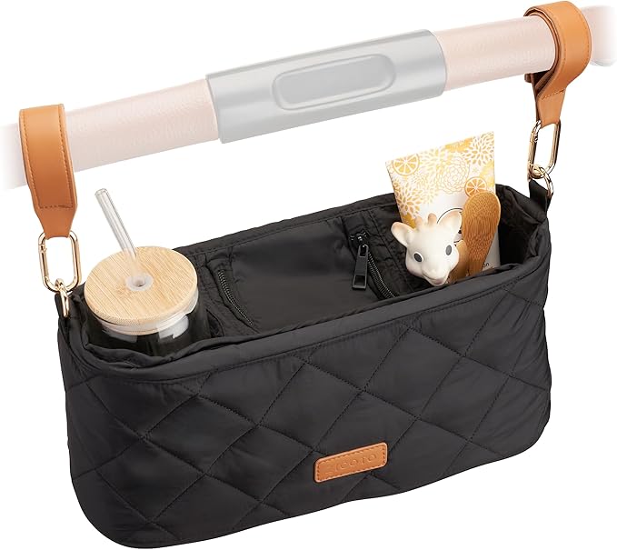 Beautiful Stroller Caddy Organizer With 2 Cup Holders ??Luxury Stroller Bag, Universal Fit, Leather Straps & Zipper Pocket ??Spacious Accessories Perfectly Fits Doona, Nuna & Uppababy Strollers