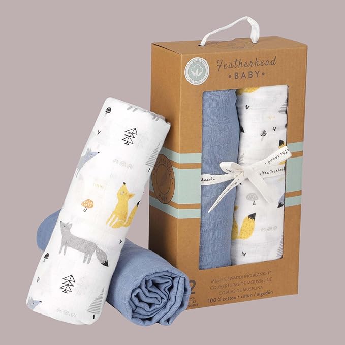 Featherhead??100% Cotton Muslin Swaddle Blankets for Baby Boy - Large 47?�x 47??- Pre-Washed, Soft, & Breathable - Newborn Essential & Perfect Baby Registry Gift (2 Pack - Blue Foxes)