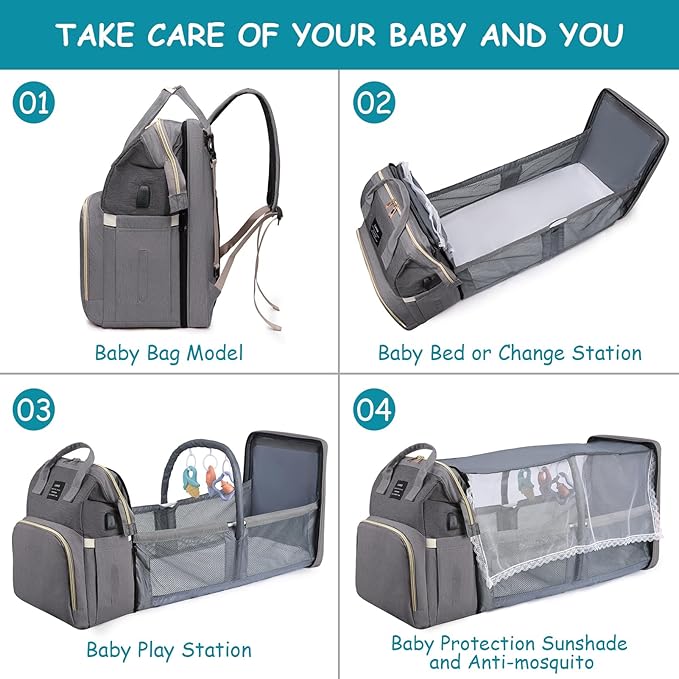 Diaper Bag Backpack, Multifunctional Baby Diaper Bag, Diaper Changing Station for Boys Girls, Large Capacity Travel Baby Bag for Mom Dad