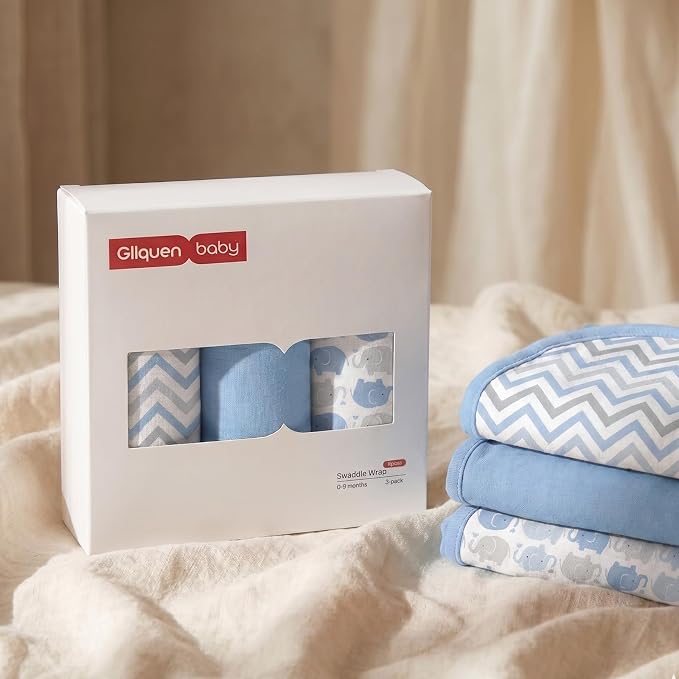 GLLQUEN BABY Swaddles for Newborns with Zipper Smooth & Gentle Wear, Baby Boy Swaddles 0-3 Months, Reduce Startle Reflex Womb-Like Sleep Sack Wrap Blankets Chevron & Baby Blue Elephant