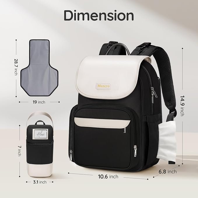Mancro Small Diaper Bag Backpack with Changing Pad, Stylish Diaper Bag with Insulated Bottle Pocket, Water Resistant Baby Bags for Mom for Travel with Stroller Straps, Black-White