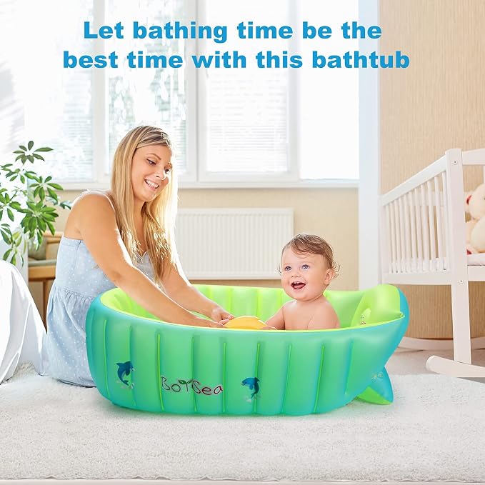 Inflatable Baby Bathtub, Boysea Toddler Bath Tub with Anti-Sliding Saddle Horn Helps Infants to Toddler Tub, Portable Travel Shower Basin with Air Pump, Back Support (Green)