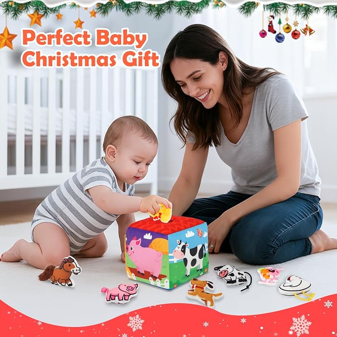Avesa Baby Toys 6-12 Months - Soft Sensory Box Infant Toy with Stuffed Animals, Rattle, Crinkle Paper, Mirror - 6 Month Old Must Haves Boy Girl Babies Birthday for 1 Year Old Learning Toys