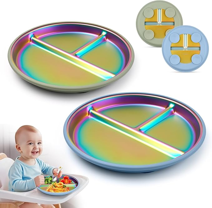 Stainless Steel Toddler Plates with Suction, 9" BPA-Free Rainbow Baby Plates 2pcs with Removable Food-Grade Silicone Base, Divided Kids Plates Dishwasher Safe, Blue & Green