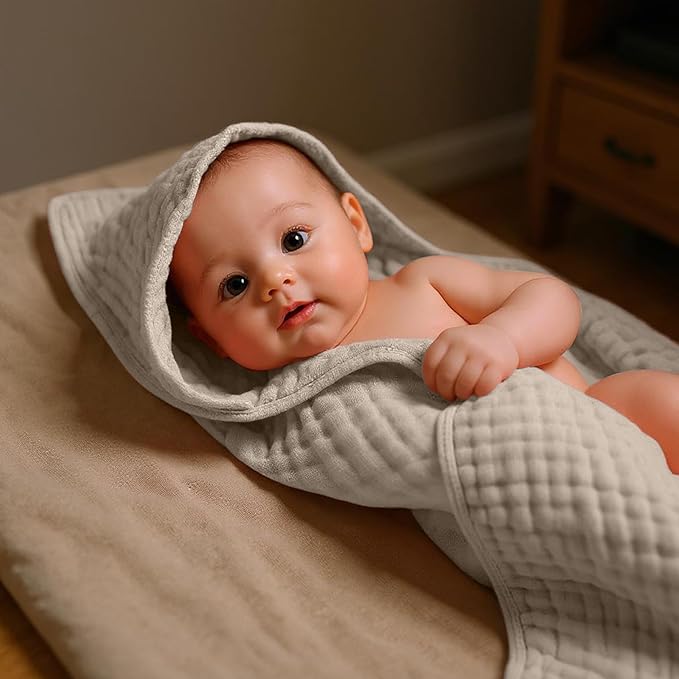 VitalCozy 8 Pcs Baby Muslin Hooded Bath Towels and Washcloths Muslin Cotton Hooded Baby Towels Absorbent Blankets for Gift Newborn Infant Shower (32 x 32 Inch,Neutral Colors)