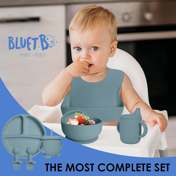 Bluet B- Silicone Baby Feeding Set with Pacifier - Baby Led Weaning Supplies - Baby Spoons, Suction Bowl - Plate - Baby Utensils Set - Silicone Feeding Set for Baby First Foods - 11pcs - Blue