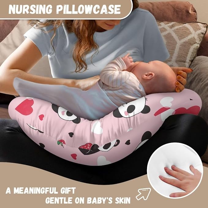 Panda Strawberry Feeding Pillow Covers Breathable Skin-Friendly Fabric Nursing Pillow Support Cover with Hidden Zipper for Baby Boys & Girls
