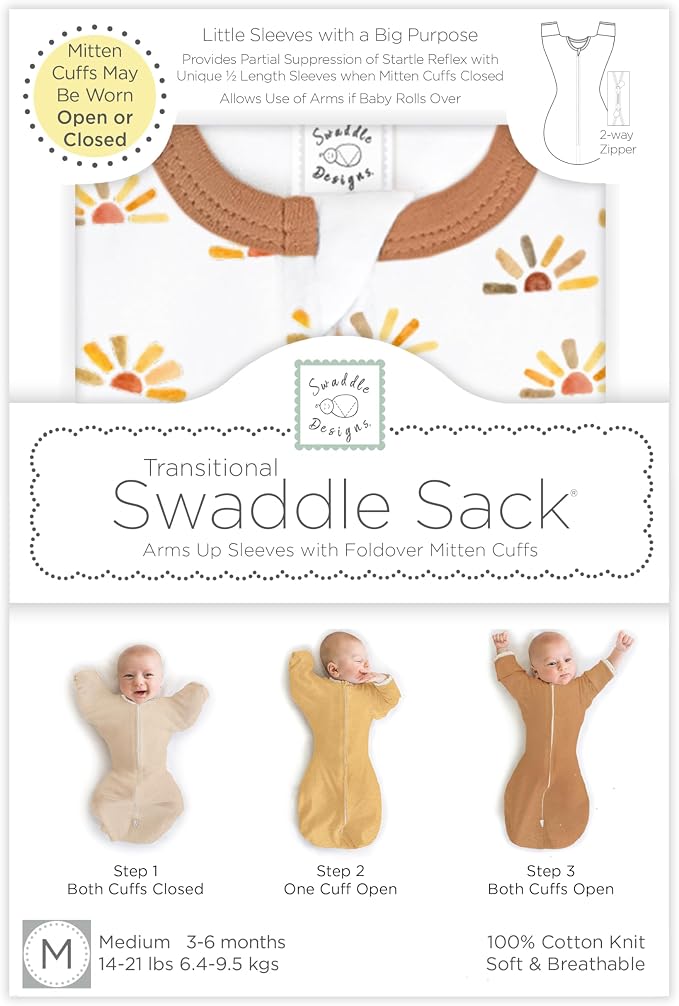 SwaddleDesigns Transitional Swaddle Sack, Arms Up Half-Length Sleeve Mitten Cuff, Most Gradual Transition Swaddle for Newborn