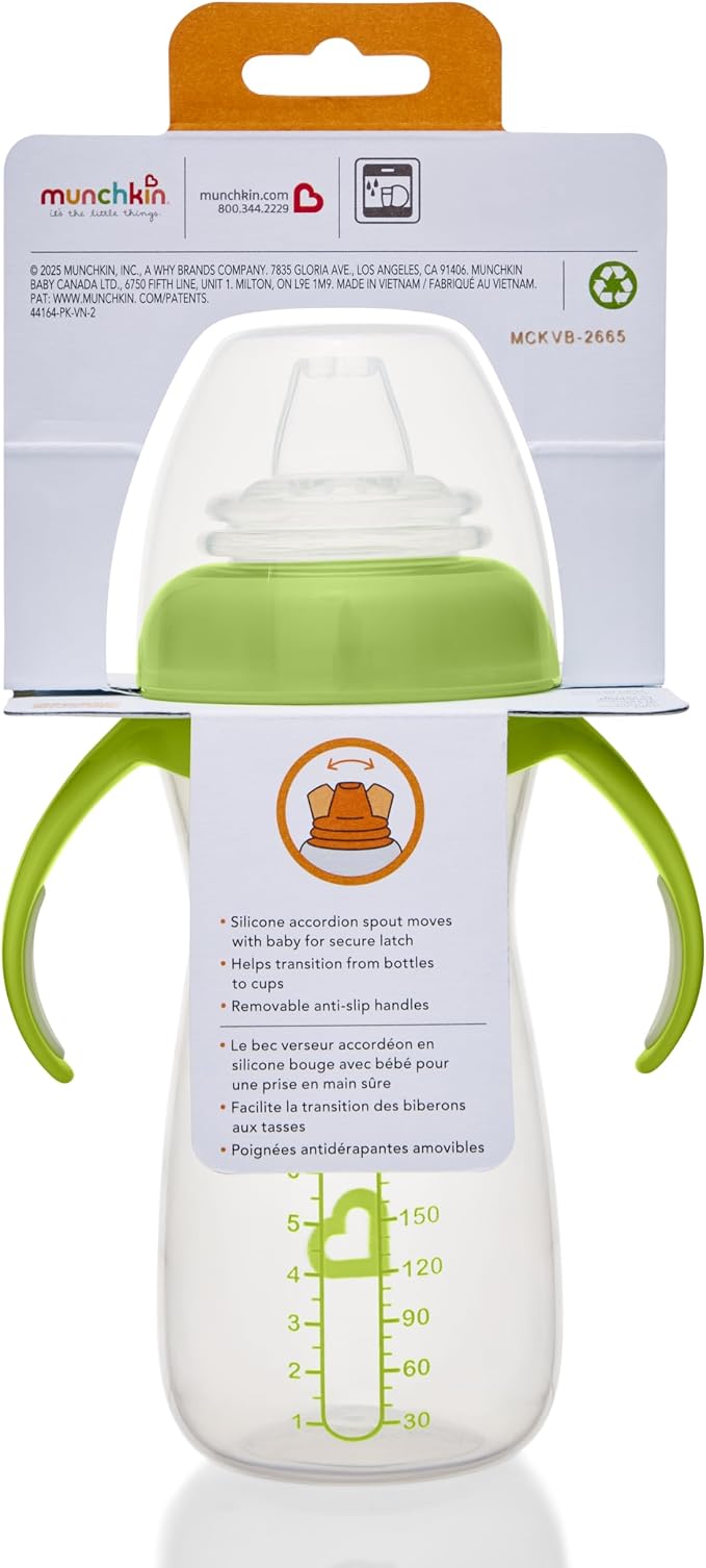 Munchkin Gentle Transition Baby Sippy Cup, Baby's First Sippy - Helps Babies & Toddlers Transitioning from Bottles to Cups, Spill Proof, 9 Months & Up, 10 Ounce, Green (Pack of 2)