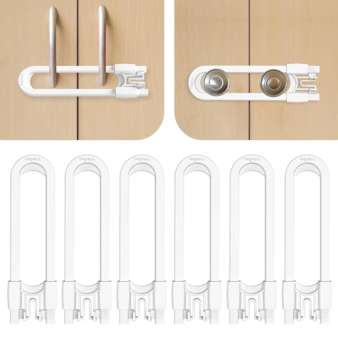 6 Pack Adjustable Cabinet Locks for Babies, U-Shaped Baby Proofing Child Locks for Kids Toddlers Safety, Sliding Door latches for Cabinets, Drawer, Closet, Fridge, Door Knob Handle, Kitchen Home Safe