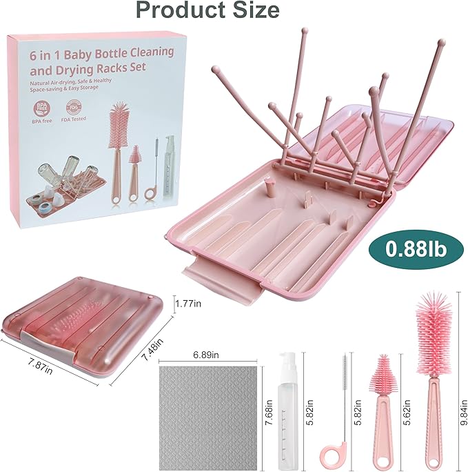 Baby Bottle Brush, 7 in 1 Travel Bottle Cleaner Kit with Silicone Bottle Brush, Nipple Brush, Straw Brush, Soap Dispenser, Bottle Drying Rack, Dishcloths, Portable Essentials for Home and Travel-Pink