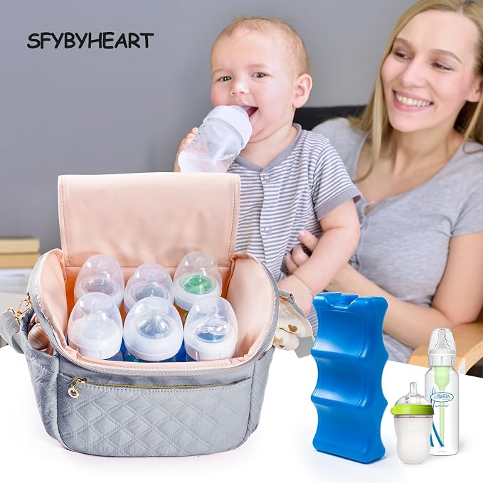 SFYBYHEART Breastmilk Cooler Travel Bag with Ice Pack for 6 Baby Bottles Up to 9 Ounce - Insulated Bottle bag for Daycare - Breastmilk Storage Bag - Baby Bottle Cooler Bag - Bottle Holder