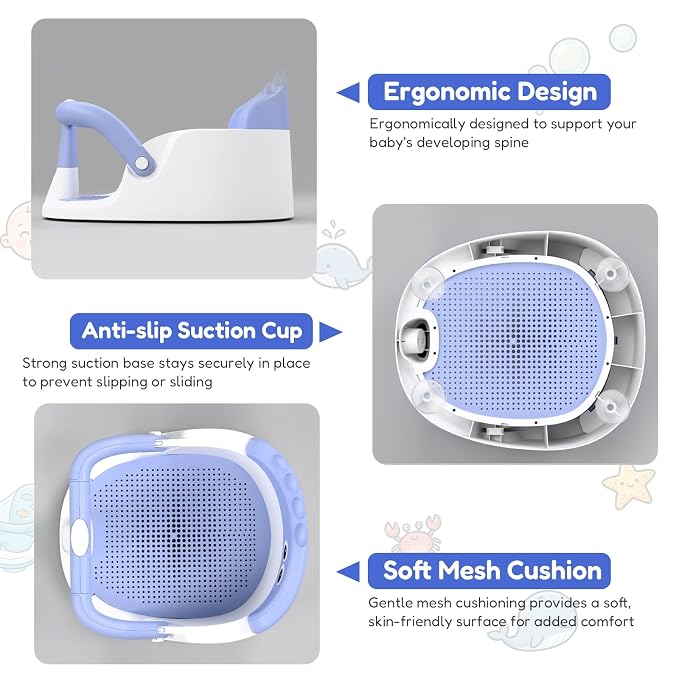 Baby Bath Seat for Babies 6 Months & Up Sitting Up | 360° Stable Toddler Bath Chair with One-Touch Button | Baby Bath Tub Seat with Suction Cups | Open Design, Compact, Detachable, Non-Slip(Blue)