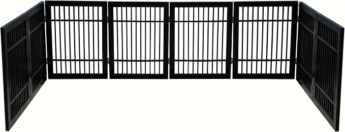 Urnporium Pet Dog Gate Freestanding, Strong Durable Folding Wooden Fence, Portable Acacia Hardwood Safety Barrier for Indoor & Outdoor Use (Black Pet Gate, 8 Panel 24" Tall)