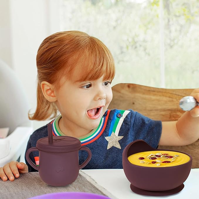 100% Silicone Baby Feeding Set, BPA Free Dishes With Suction Bowl, Divided Plate, Toddler Self Feeding Utensils, Spoons, Forks, Sippy Cup and Bib (Dark Red)