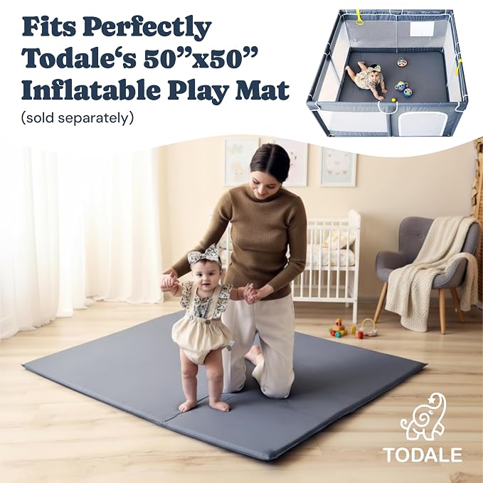 Todale Baby Playpen - 50 x 50 x 27 in Grey Pack of 1 - Effortless Setup & Travel Crib for Baby - Ventilated Panels & Play Pen for Babies 6-12 Months - Foldable Play Pen for Toddlers 1-3