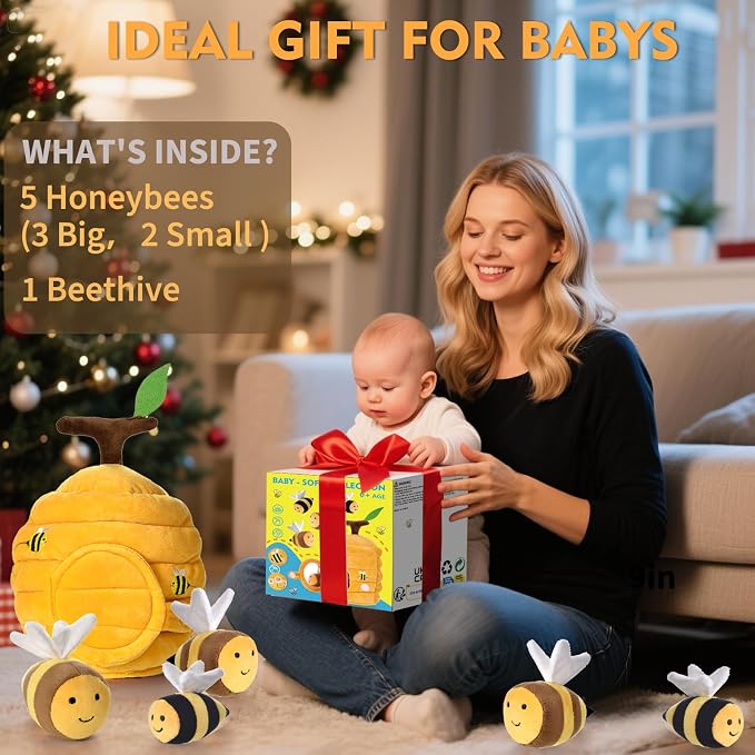 Baby Toys for 1 Year Old, Soft Beehive with 5 Stuffed Bees, Crinkle, Rattle, Mirror, Montessori Toys for One Year Old Birthday Gift for 12-18 Months Baby Easter Basket Stuffers