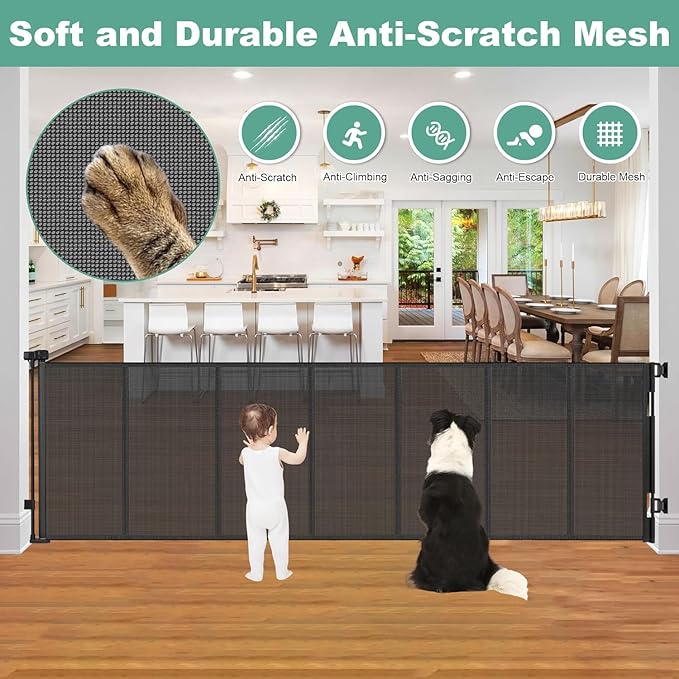 Reinforced 195 Inch Retractable Baby Gates Extra Wide Dog Gate with Support Rods ??Prevent Crawling Under, 16ft Wide Retractable Fence Outdoor Retractable Gate Indoor Long Gates for Kids or Pets/Black