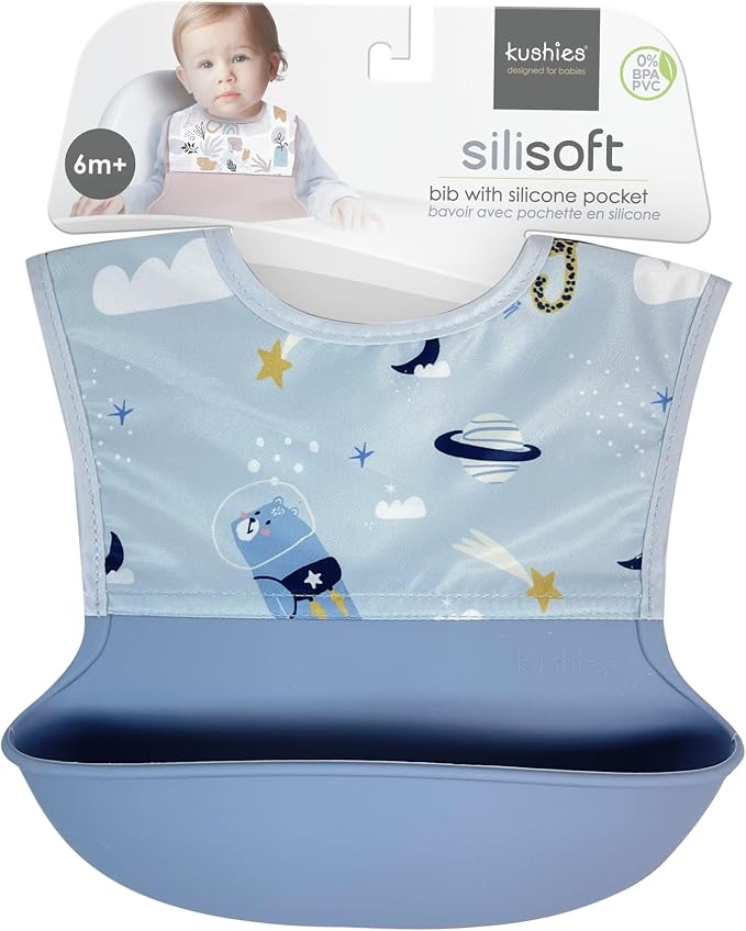 Kushies Silisoft Bib, Waterproof Top with Soft Silicone catch all pocket for Babies and Toddlers