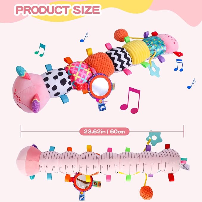 Baby Toys 0-6 Months, Musical Toys for Pink Caterpillar, Infant Stuffed Animal Soft Sensory Toys with Crinkle、 Rattles and Textures, Tummy Time Toys for Newborn Boys Girls 0 3 6 12 Months
