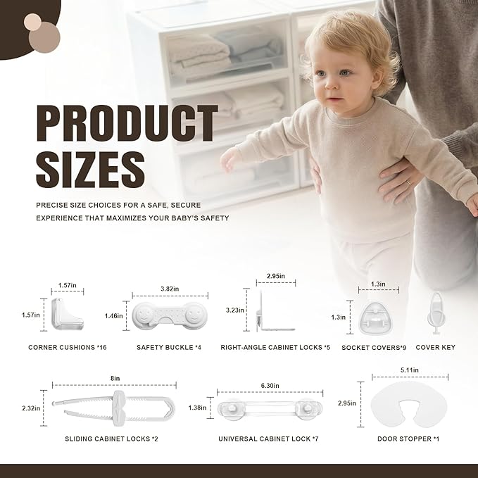 Baby Proofing Kit for Child, 45 Pack Child Safety Pack – Cabinet & Drawer Locks, No Drill Corner Guards, Outlet Covers, Universal Safety Straps, U-Shaped Locks, Door Stopper for Toddlers Safe