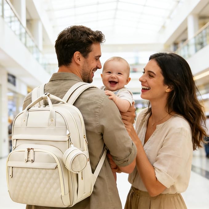 Leather Diaper Bags with Changing Station,Baby Bag,Large Capacity Diaper Bag Backpack for Moms Dads,Waterproof Diaper Backpack(Beige)
