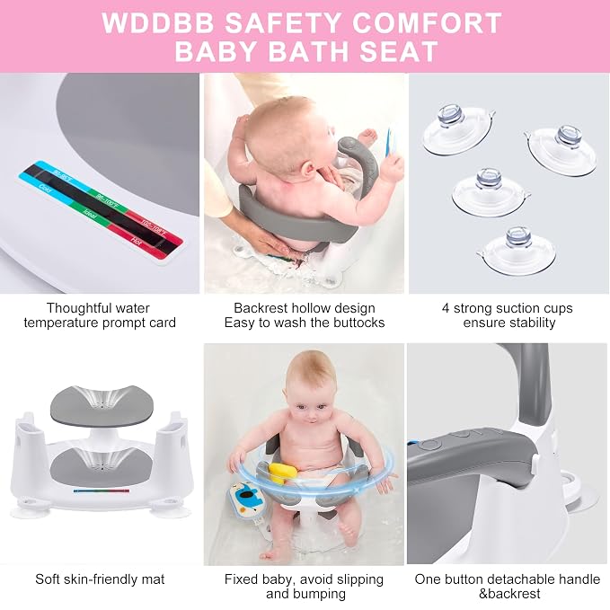 Baby Bath seat for Babies 6 Months & up, 360° Stable Toddler Bath Chair with one-Touch Button, Back Hollow Design, Water Temperature Card & 4 Suction Cups for Safety (Pink)
