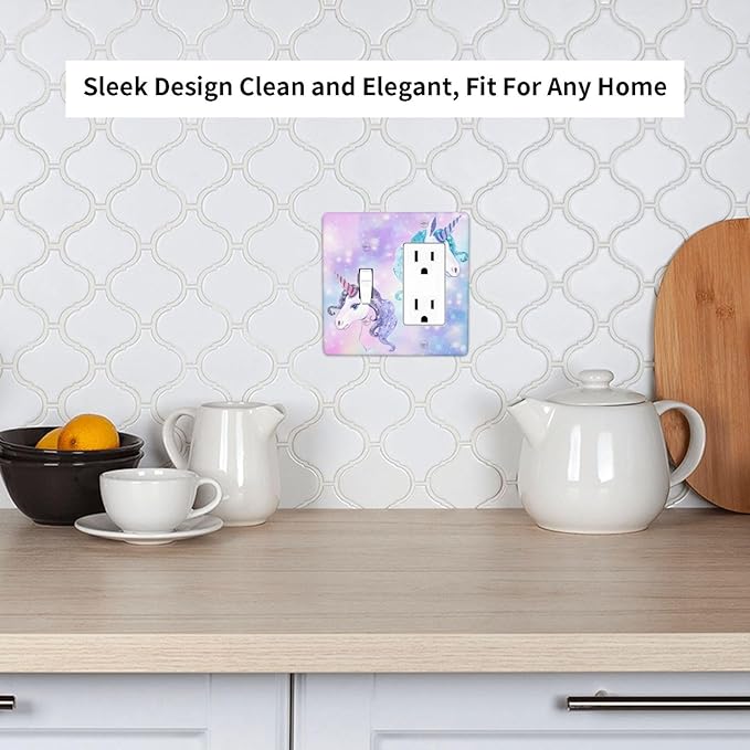 Girl Purple Pink Rainbow Blue Unicorn 2 Gang Single Toggle/Decorator Combination Light Switch Cover Decorative Combo 1-Toggle/1-GFCI/Rocker Wall Plate Cover