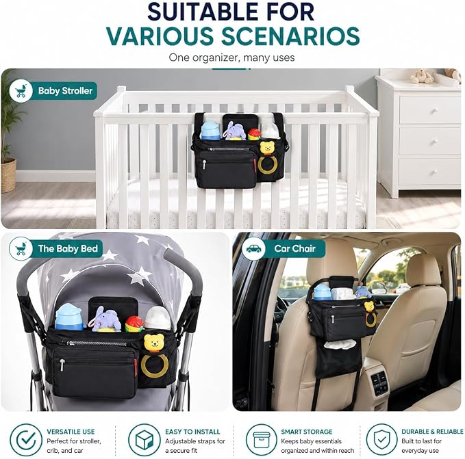 Stroller Organizer with Insulated Cup Holders and Detachable Pouch Universal Stroller Caddy Bag with Phone Pocket and Storage for Baby Essentials and Travel Accessories