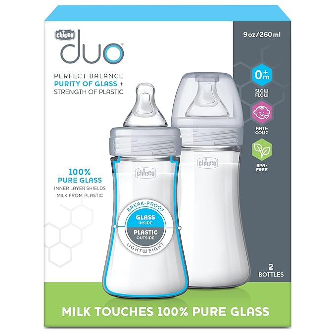 Chicco Duo 9oz Hybrid Baby Bottle, Real Glass Inside, Lightweight Plastic Outside, Patented Invinci-Glass Technology, Intui-Latch Nipple, 2-Pack, Clear/Grey